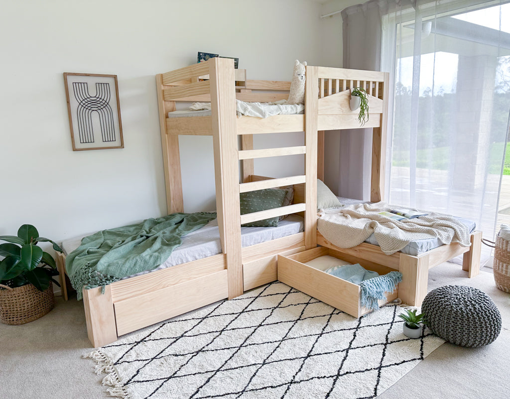 Cozy Triple L shaped Bunk Bed PINE Magic Of Wood NZ cozy-triple-l-shaped-bunk-bed-pine-magic-of-wood-nz