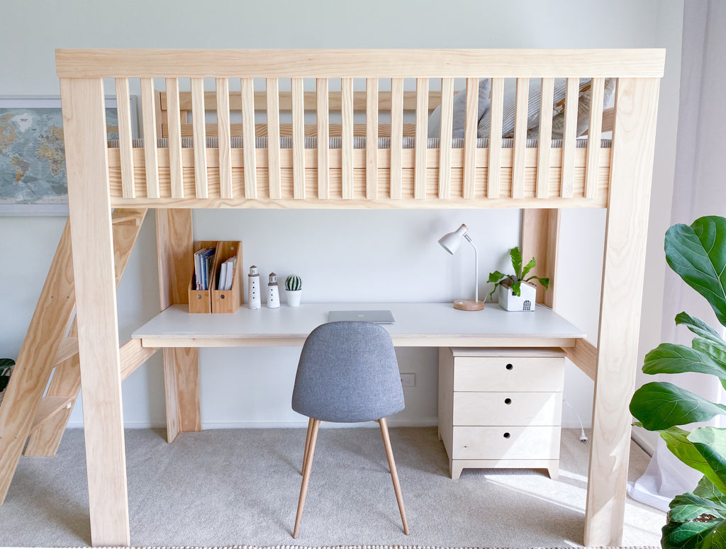 Scandi loft bed with desk PINE – Magic of wood NZ