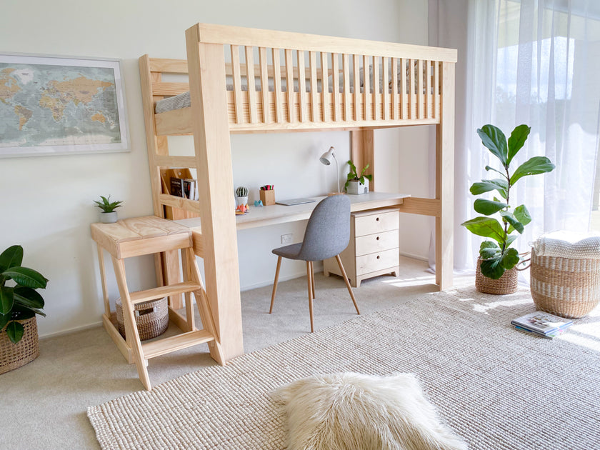 Scandi loft bed with desk PINE – Magic of wood NZ