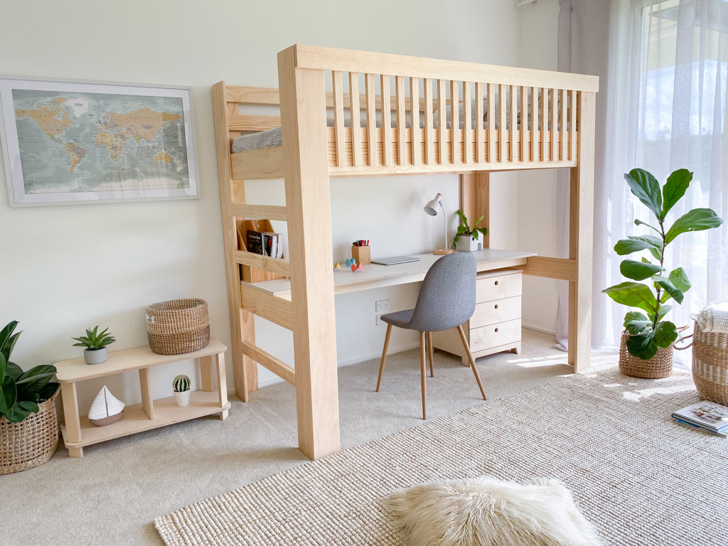 Scandi loft bed with desk PINE – Magic of wood NZ