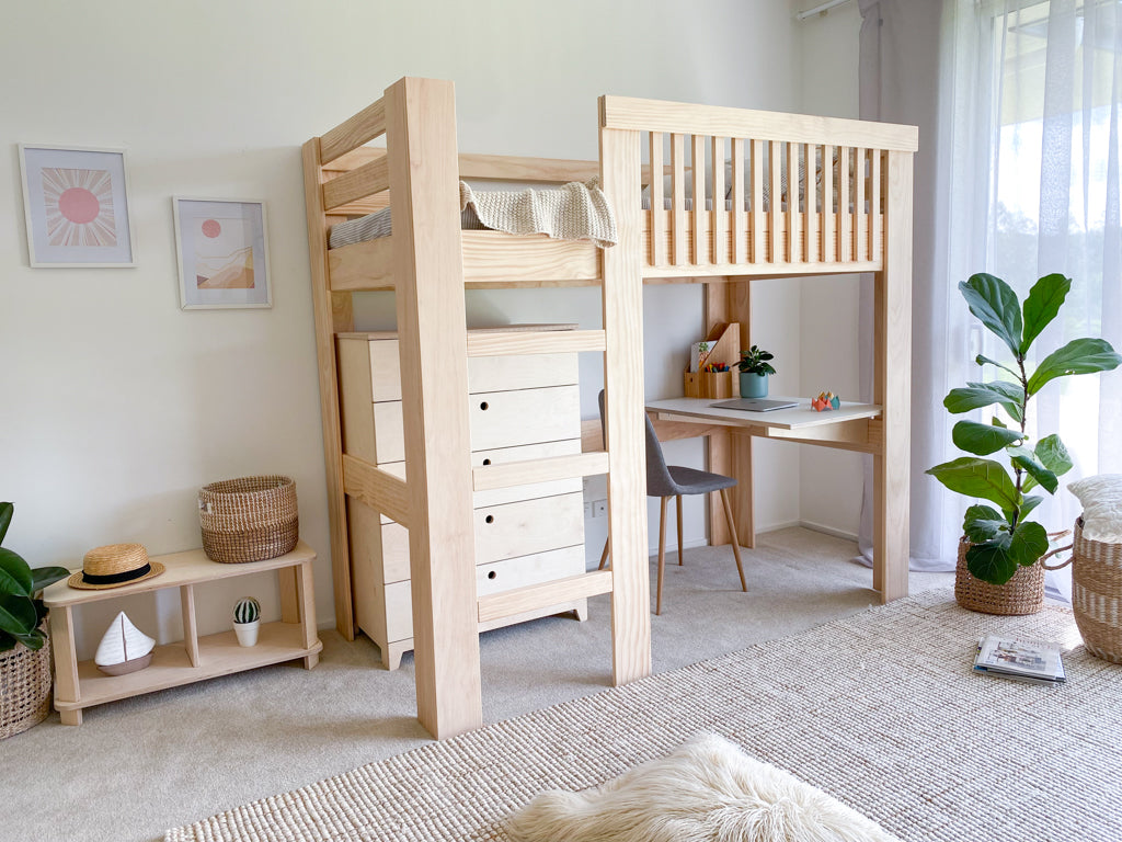 Scandi loft bed with desk PINE – Magic of wood NZ