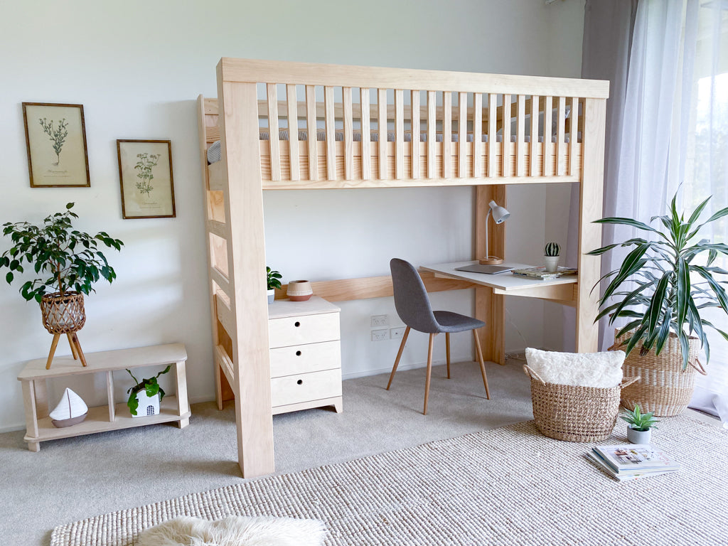 Scandi loft bed with desk PINE – Magic of wood NZ