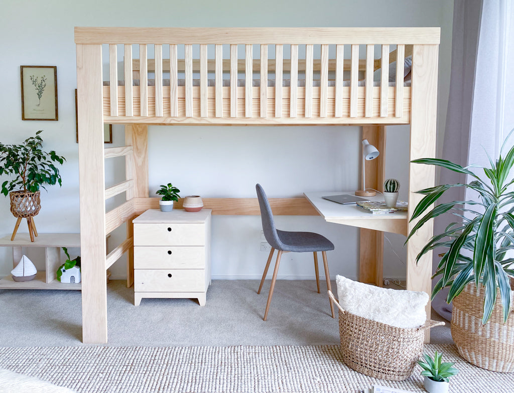 Scandi loft bed with desk PINE – Magic of wood NZ